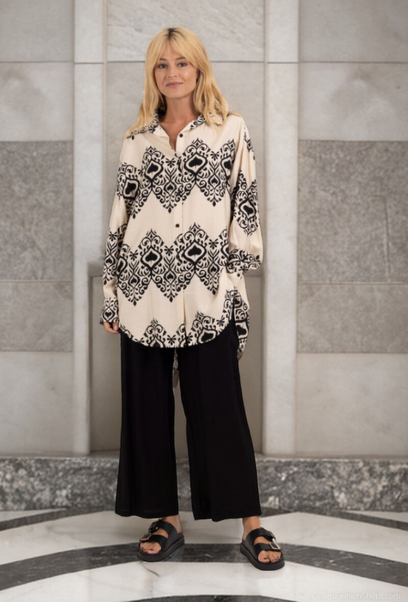 Mayorista Lusa Mode - Conjunto de camisa y pantalón en tejido efecto lino y estampado geométrico