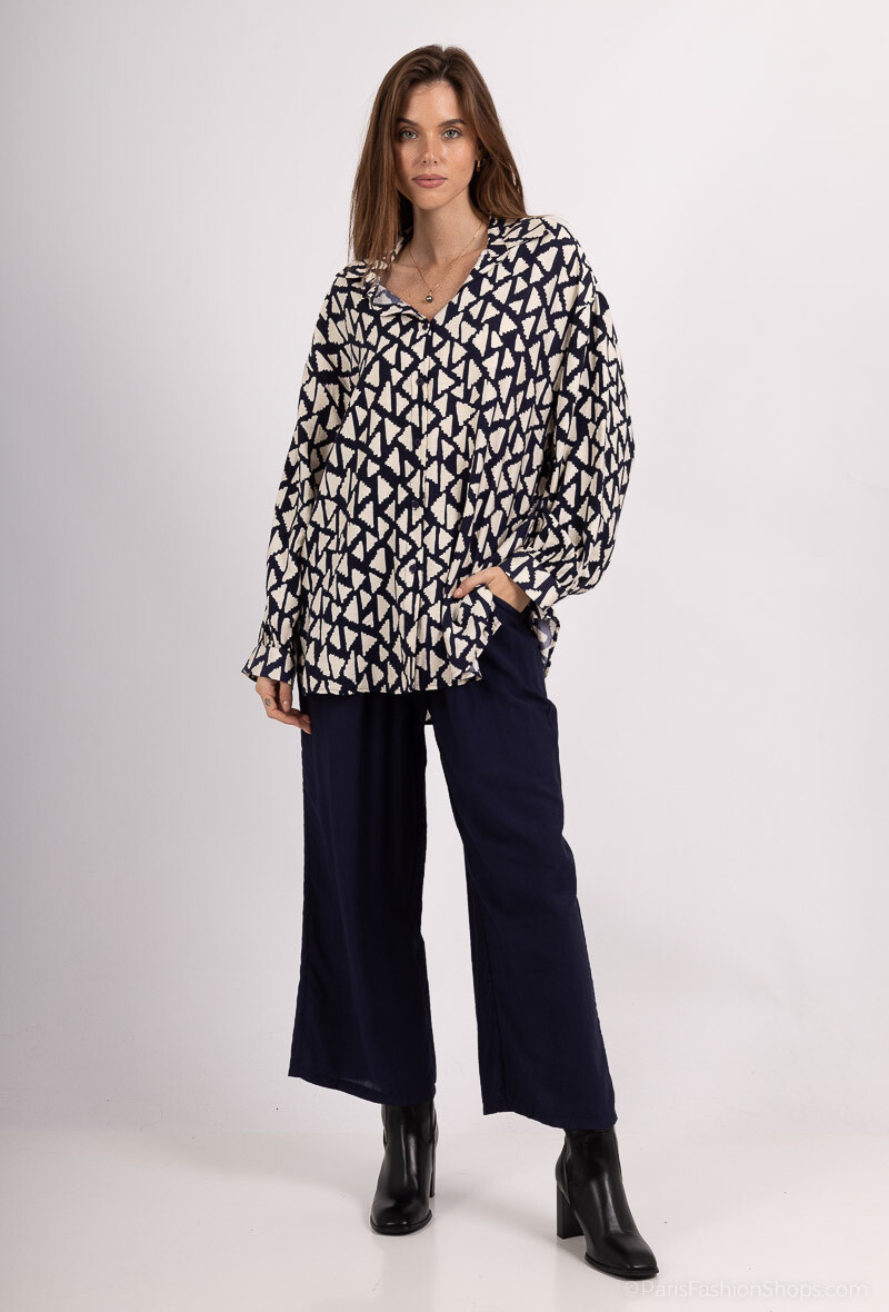 Grossista Lusa Mode - Completo camicia e pantaloni in tessuto simile al lino e stampa geometrica