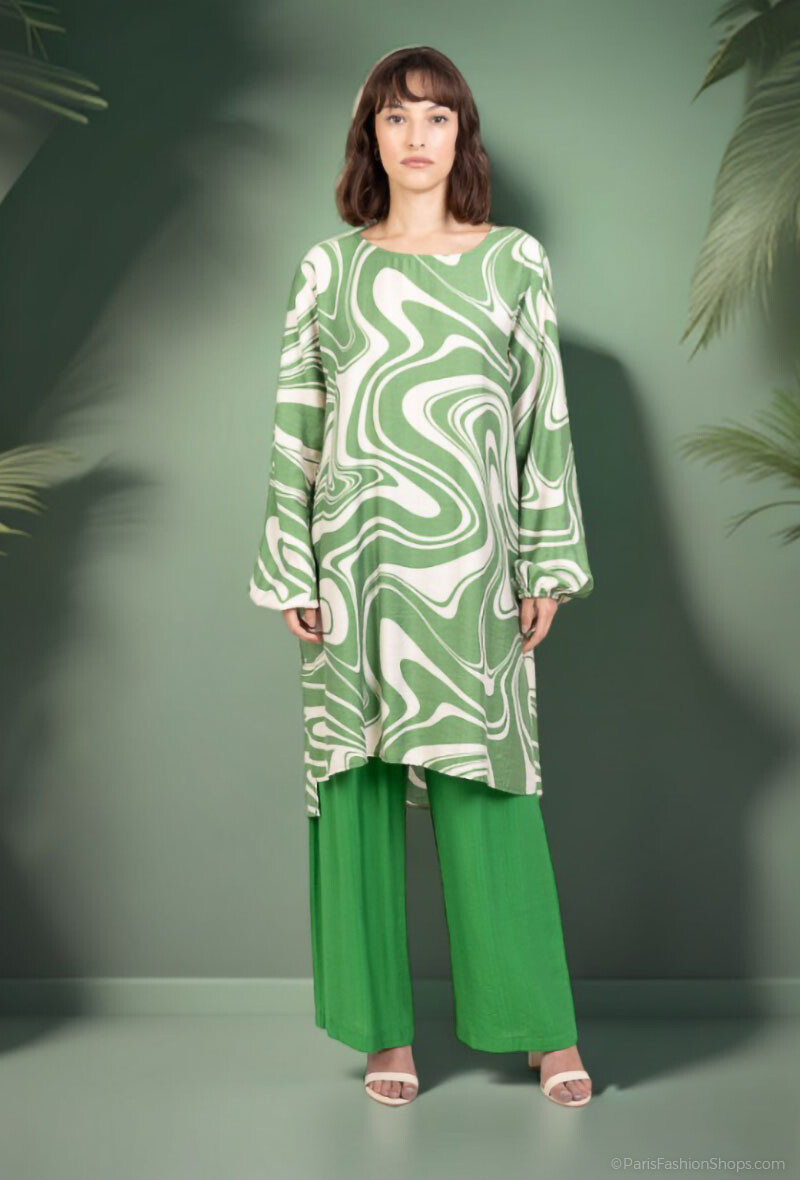 Mayorista Lusa Mode - Conjunto de túnica y pantalón con tejido tipo lino y estampado tropical
