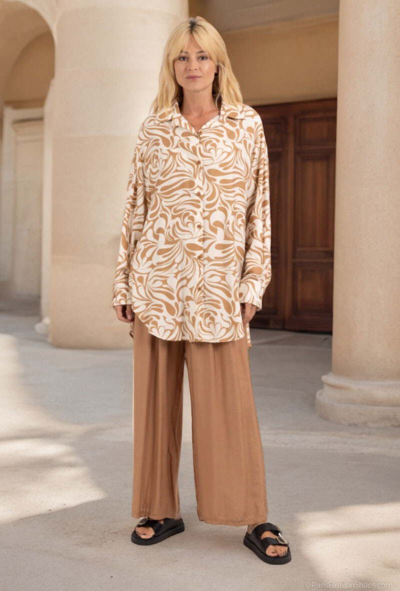 Grossiste Lusa Mode - Ensemble chemise et pantalon avec tissu similaire au lin et imprimé fleuri