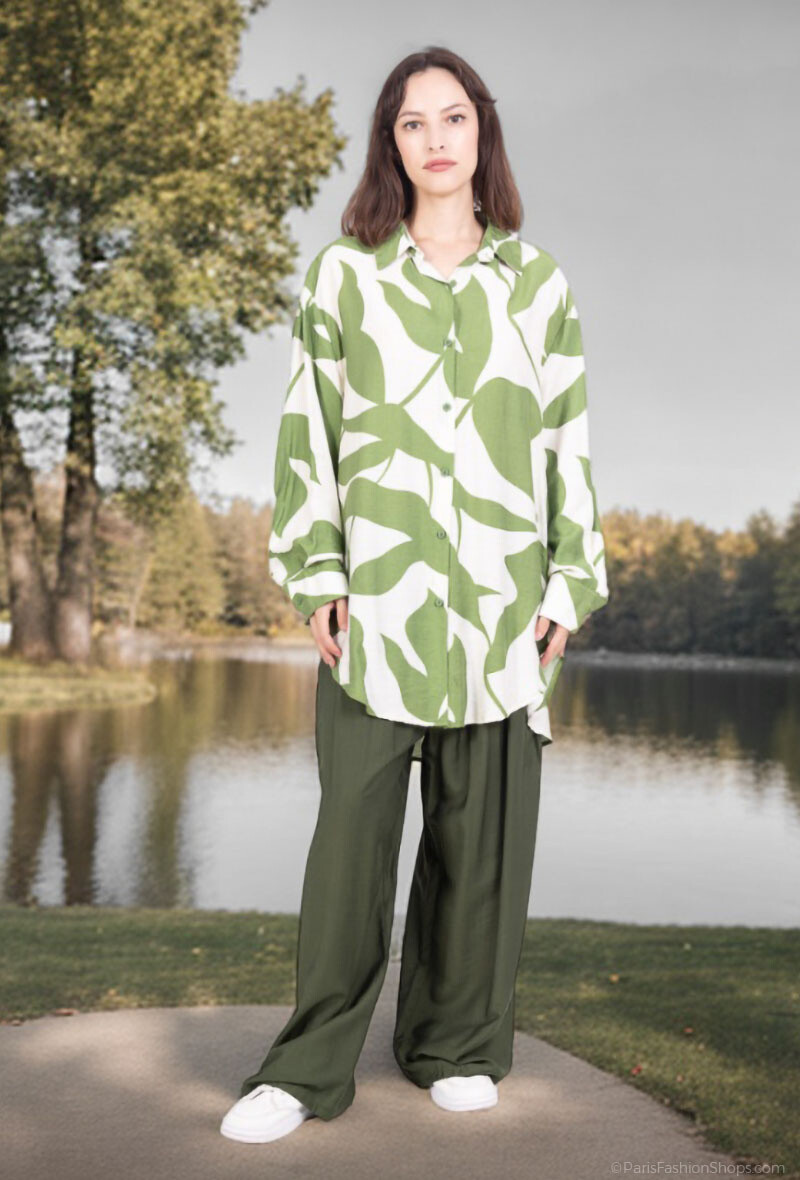 Grossista Lusa Mode - Completo camicia e pantaloni con tessuto simile al lino e stampa tropicale