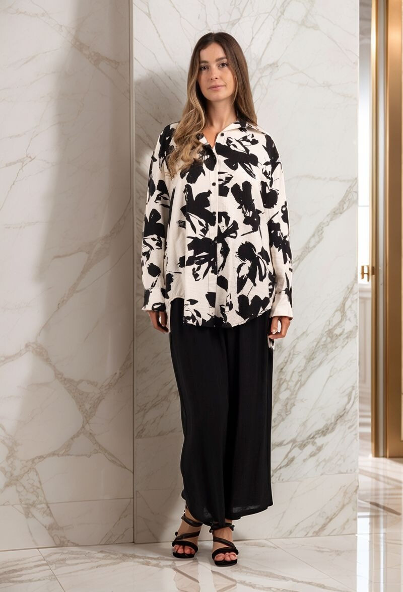 Großhändler Lusa Mode - Set aus Hemd und Hose aus leinenähnlichem Stoff und Blumendruck