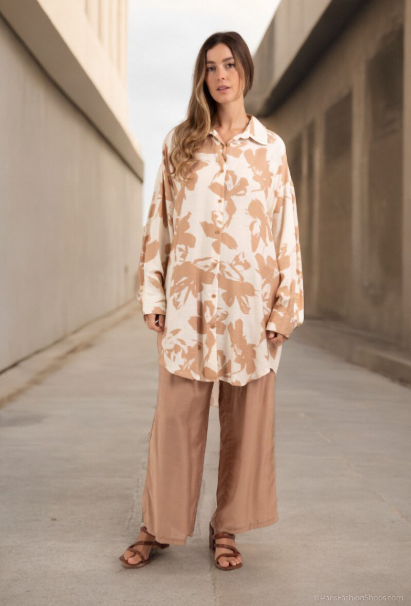 Grossiste Lusa Mode - Ensemble chemise et pantalon avec tissu similaire au lin et imprimé abstrait