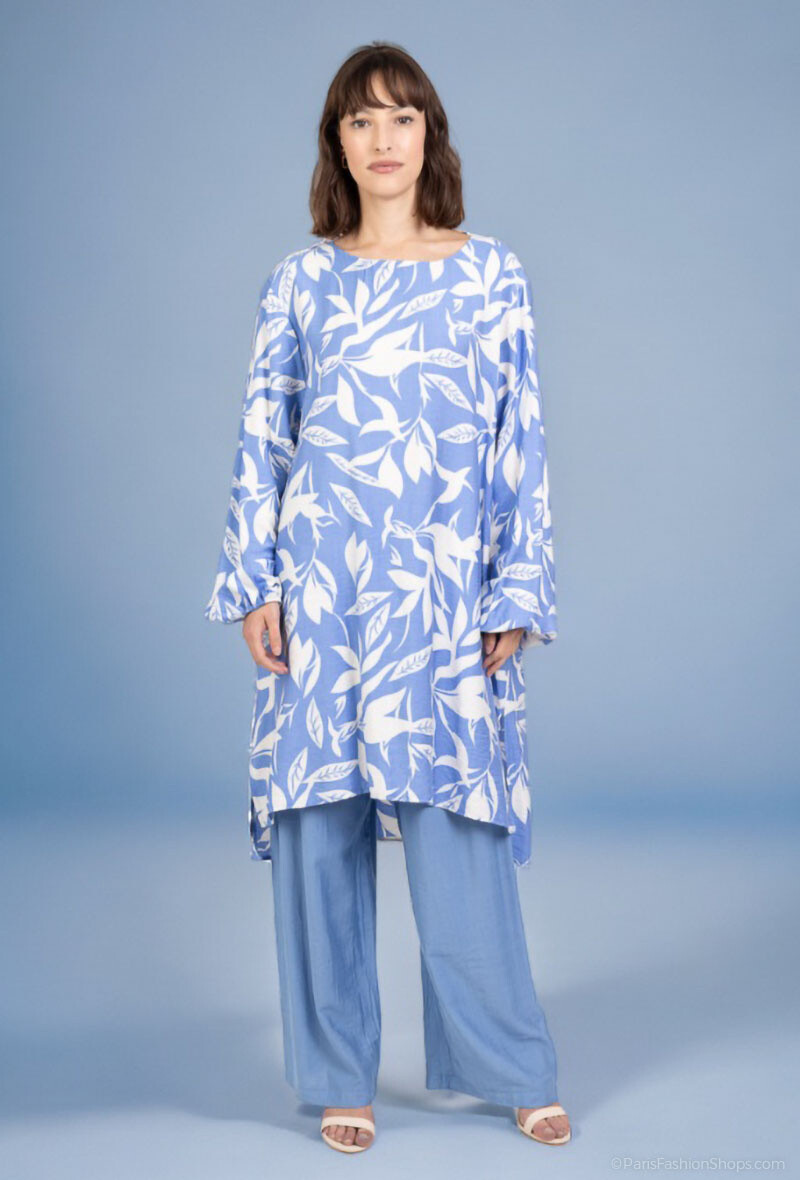 Großhändler Lusa Mode - Set aus Tunika und Hose aus leinenähnlichem Stoff mit tropischem Aufdruck