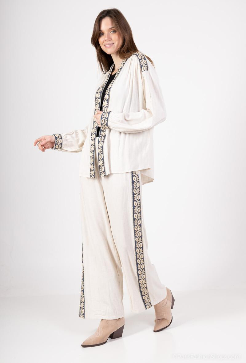 Grossiste Lusa Mode - Ensemble gilet et pantalon unis avec broderie fleuri tissu lin