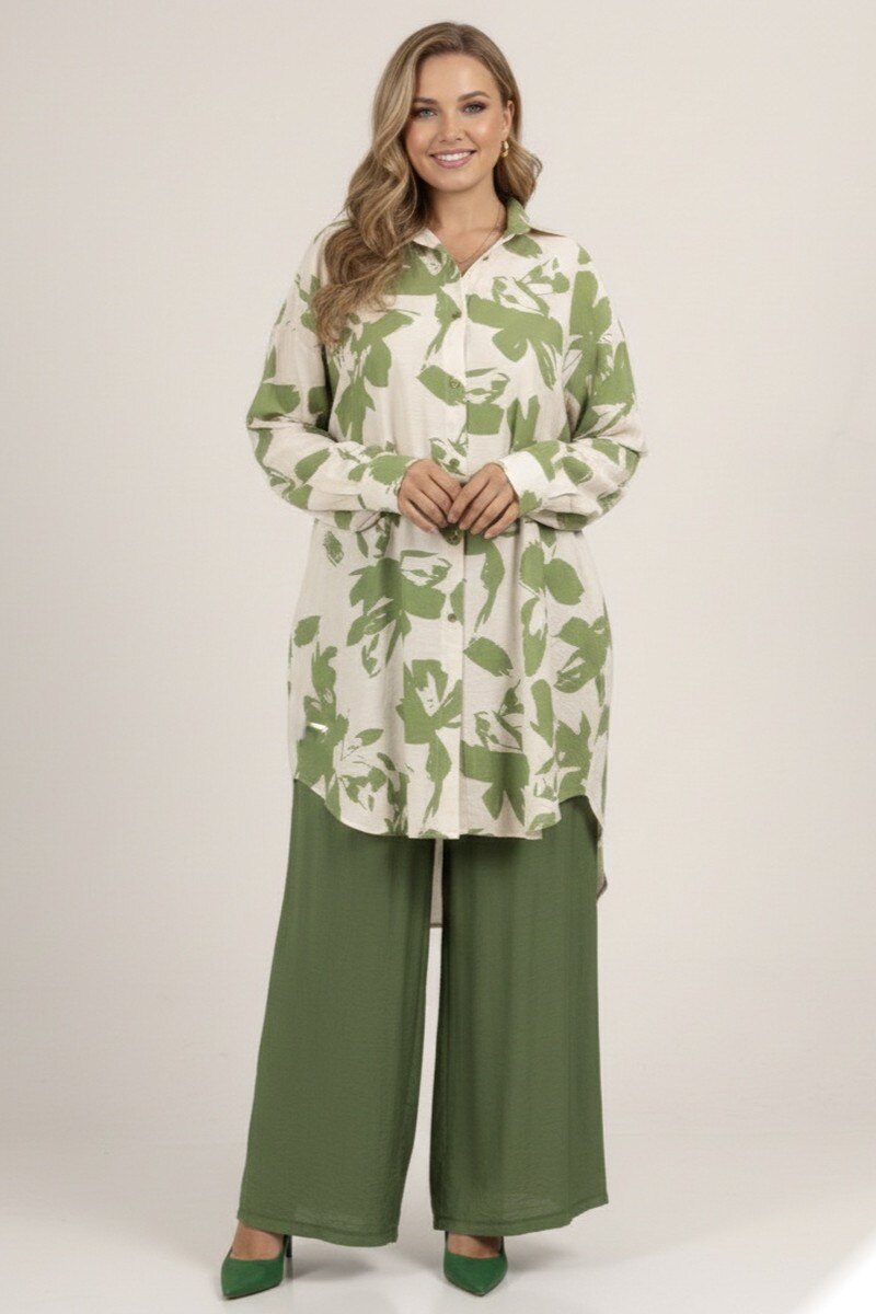 Grossista Lusa Mode - Completo camicia e pantaloni con tessuto simile al lino e stampa astratta
