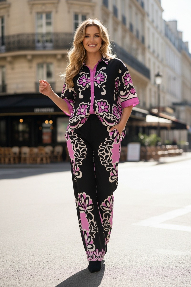 Grossiste Lusa Mode OUTLET - Ensemble chemise et pantalon à poches avec imprimé géométrique