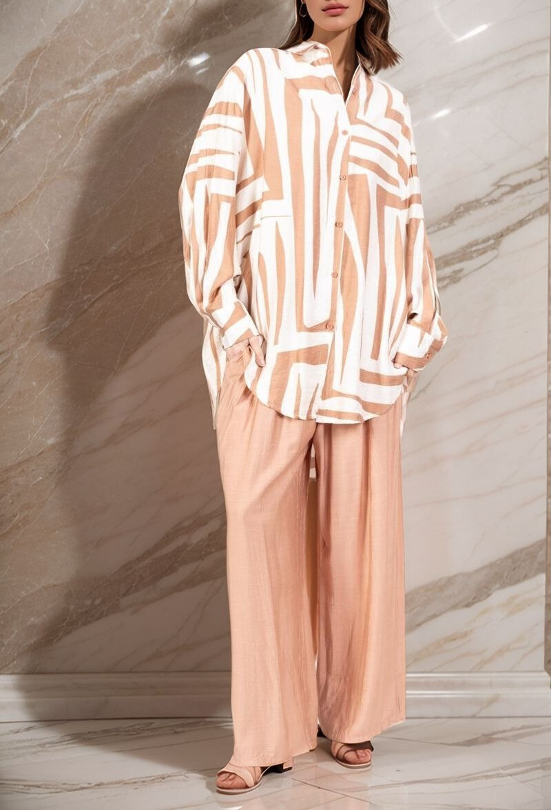 Grossiste Lusa Mode - Ensemble chemise et pantalon avec imprimé rayé avec tissu similaire au lin