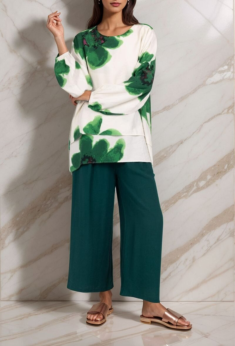 Grossiste Lusa Mode - Ensemble tunique fleurie à doublure et pantalon uni