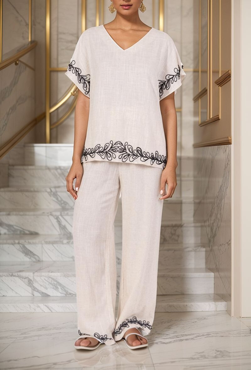 Wholesaler Lusa Mode - Elegant plain linen top and pants set with embroidery