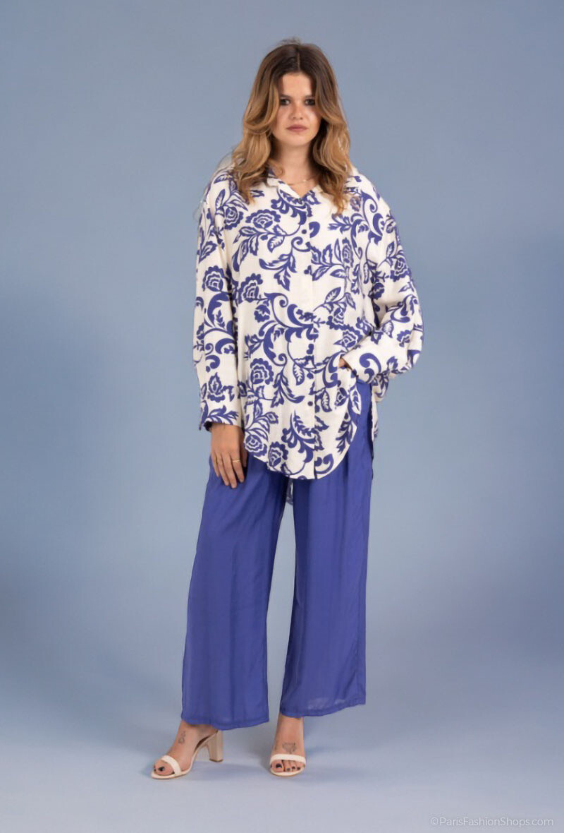 Grossiste Lusa Mode - Ensemble chemise et pantalon avec tissu similaire au lin et imprimé fleuri
