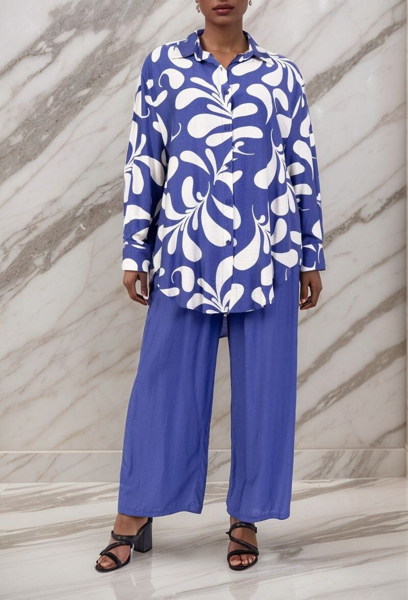 Mayorista Lusa Mode - Conjunto de camisa y pantalón con estampado de follaje similar a tela de lino