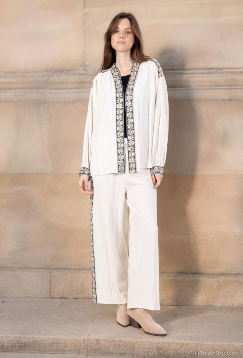 Grossiste Lusa Mode - Ensemble gilet et pantalon unis avec broderie fleuri tissu lin