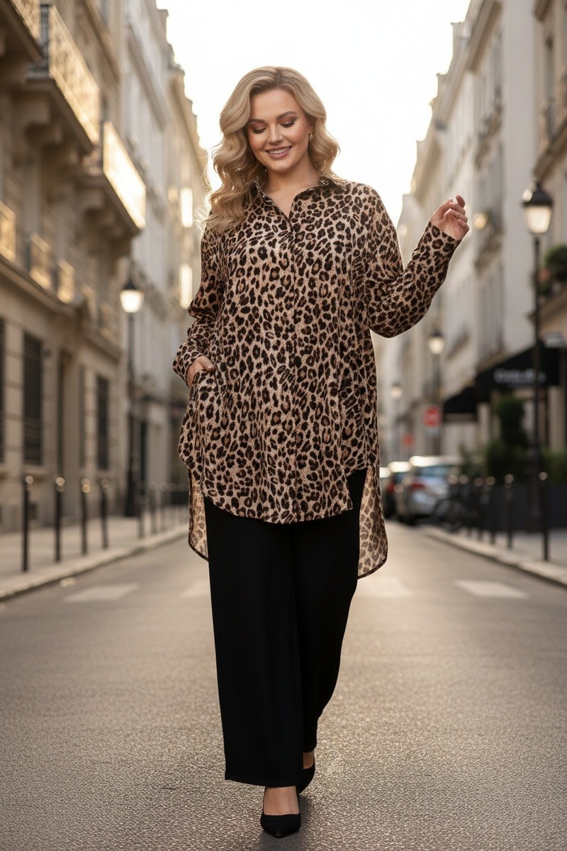 Grossista Lusa Mode - Completo camicia e pantaloni con stampa leopardata in tessuto simile al lino
