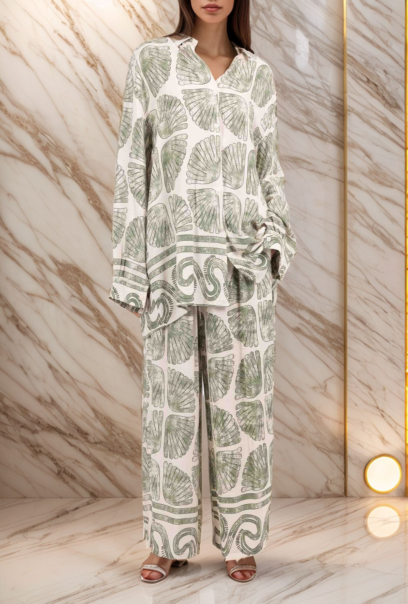 Grossiste Lusa Mode - Ensemble chemise et pantalon Celia imprimé coquillage