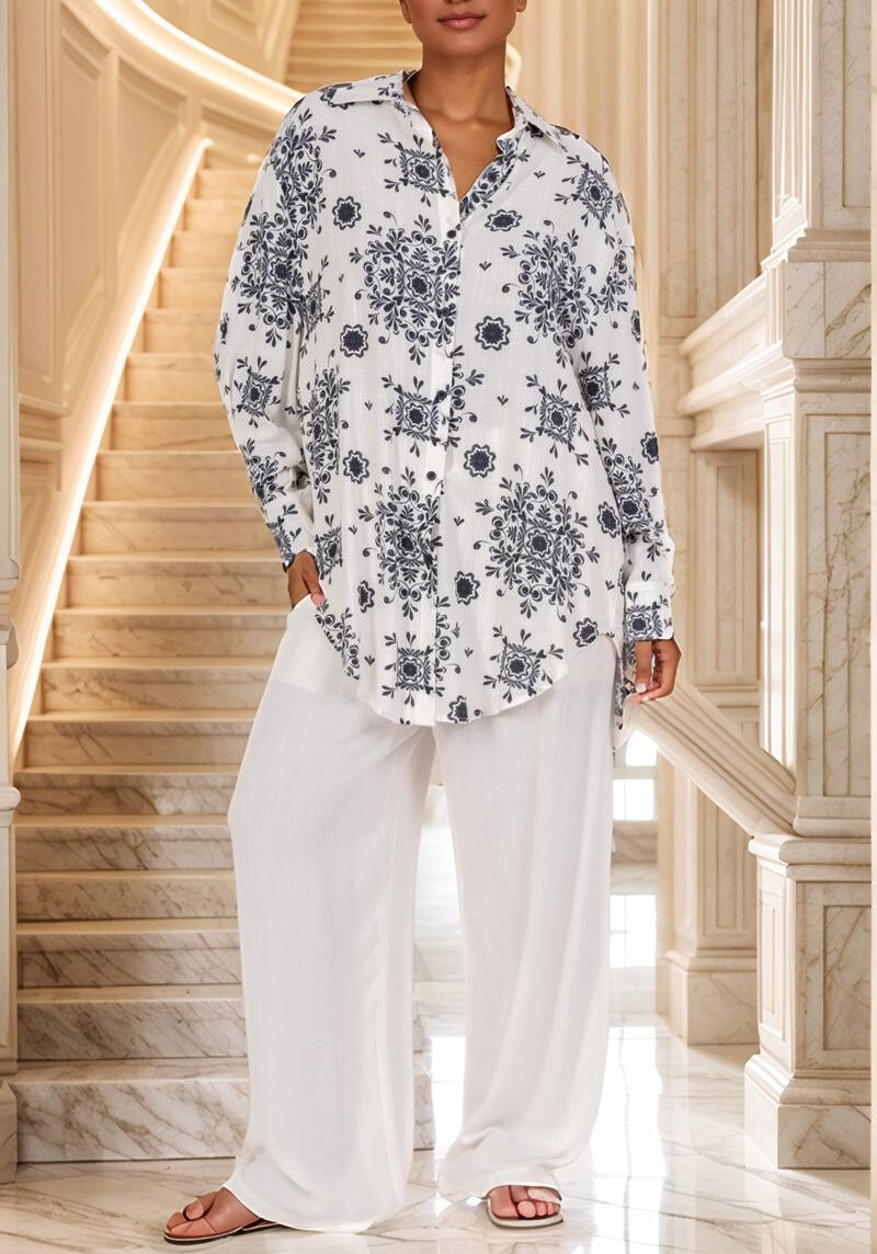 Grossiste Lusa Mode - Ensemble chemise et pantalon imprimé fleuri géométrique