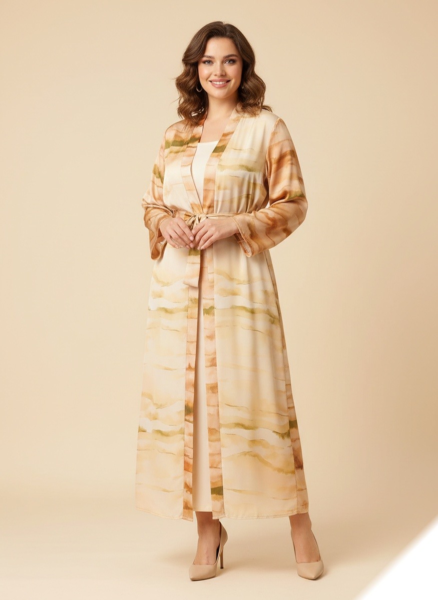 Mayorista Lusa Mode - Conjunto de chaleco y vestido sin mangas con estampado bohemio en satén con cinturón