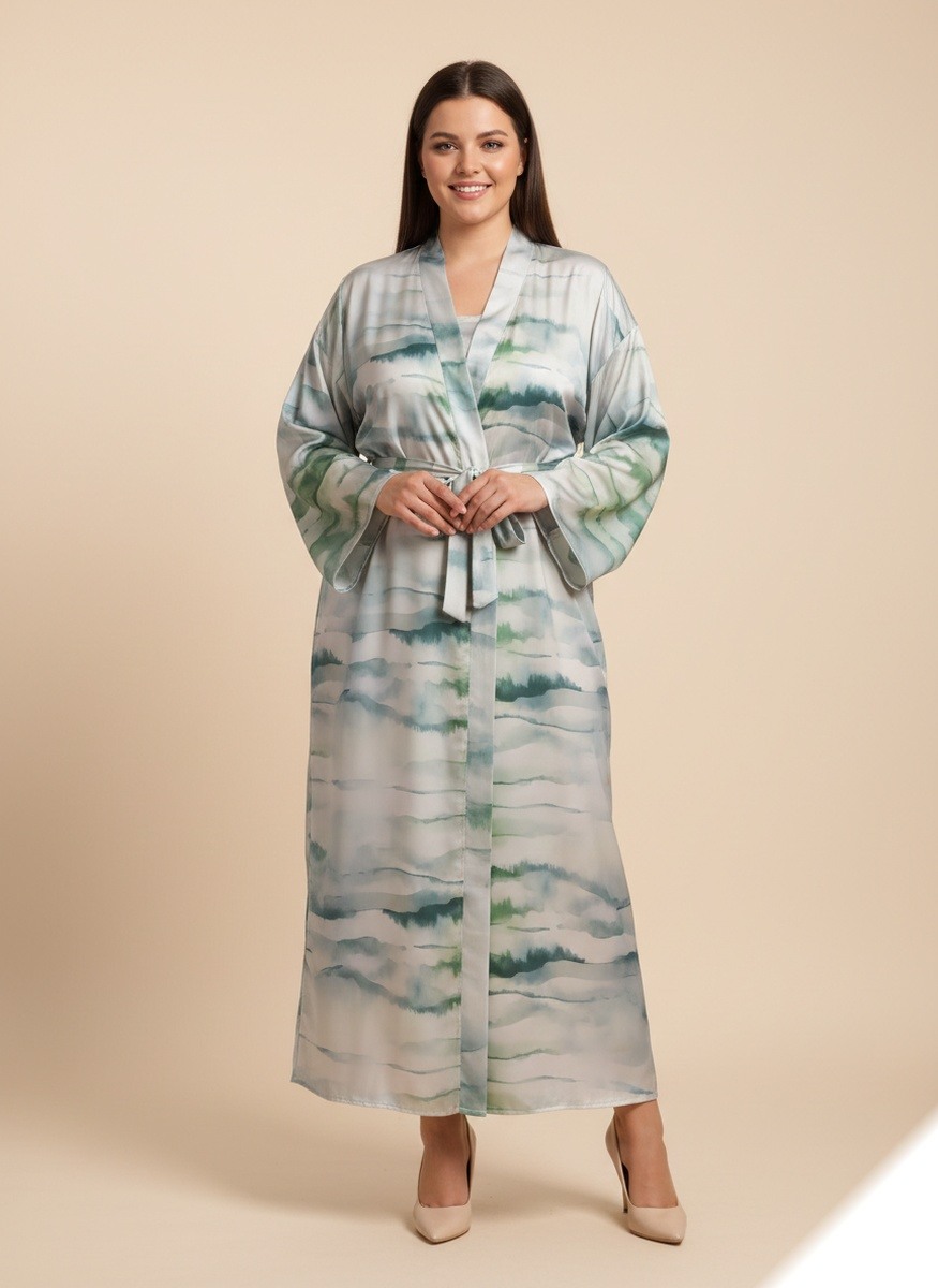 Grossiste Lusa Mode - Ensemble gilet et robe sans manche imprimé bohème en satin avec ceinture