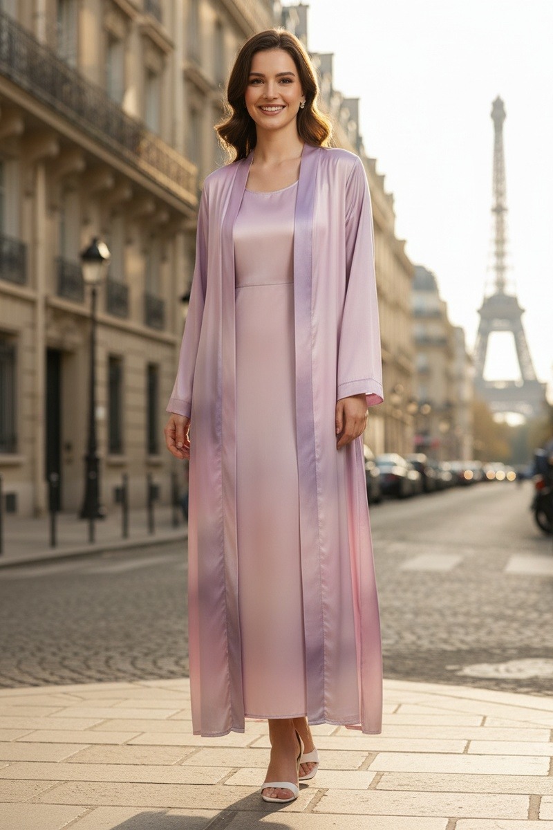 Grossiste Lusa Mode - Ensemble gilet et robe sans manche imprimé bohème en satin avec ceinture