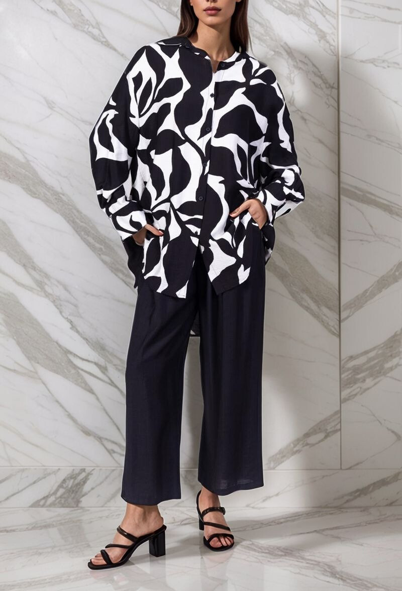 Grossiste Lusa Mode - Ensemble chemise et pantalon imprimé abstrait tissu similaire au lin