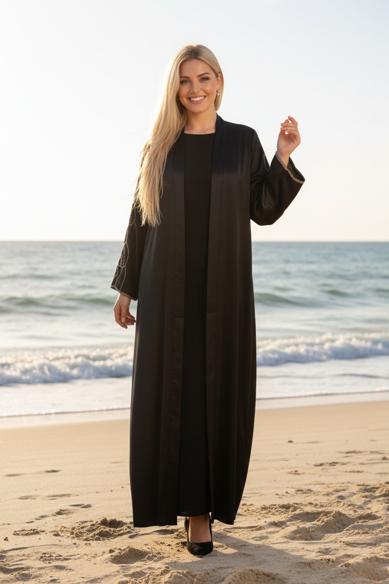 Wholesaler Lusa Mode - Long, plain kimono vest with special embroidery and a silk-like fabric belt