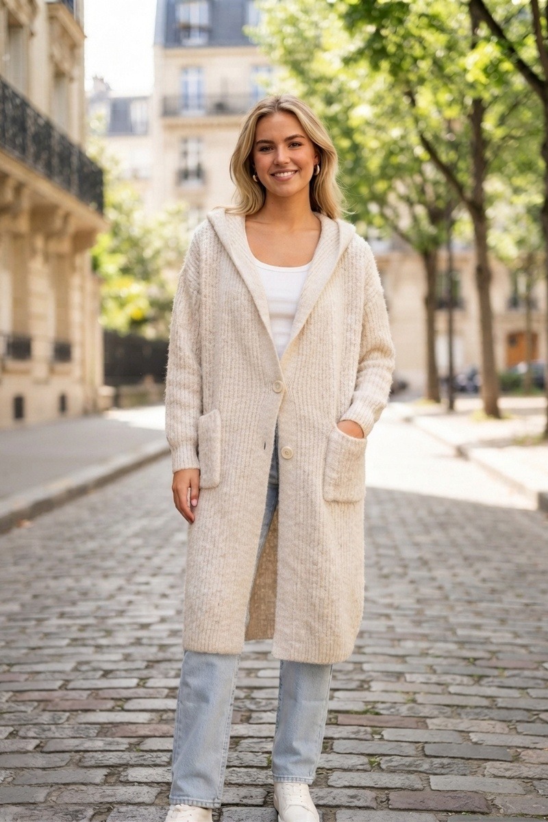 Wholesaler Lusa Mode - Long heathered cardigan with hood, buttons and pockets