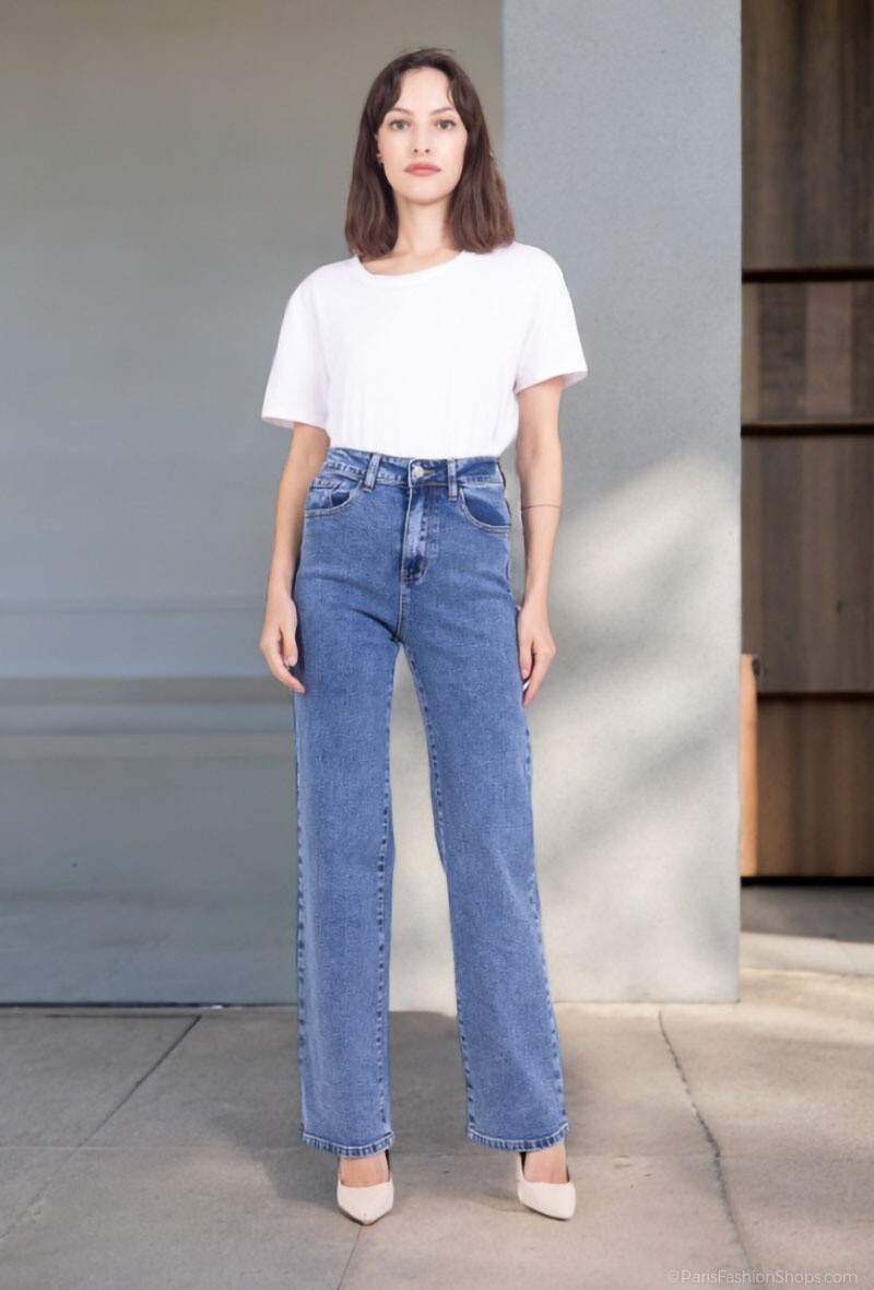Grossiste Lusa Mode - Jean taille haute wide leg stretch 5 poches