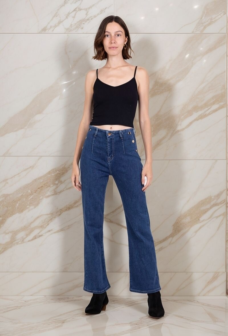 Grossiste Lusa Mode - Jean coupe droite stretch avec boutons dorées et 2 poches arrières T34-T42