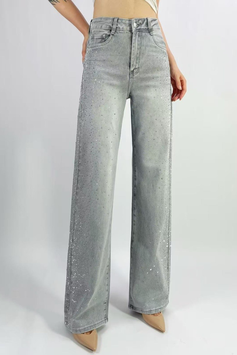 Großhändler Lusa Mode - Premium Stretch-Jeans mit geradem Bein und zusätzlichen Strasssteinen an den Seiten, Größen 36-46