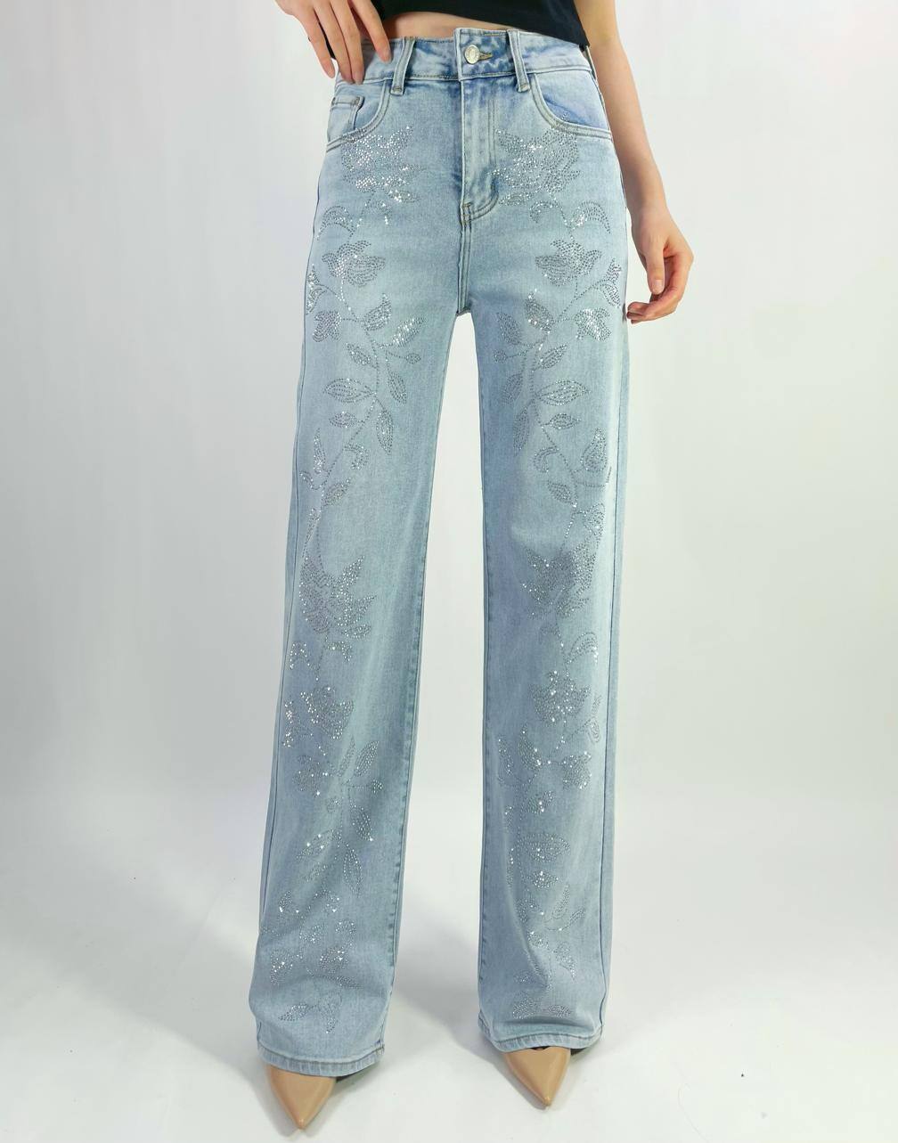 Mayorista Lusa Mode - Jeans premium de pierna recta con strass florales, tallas 36-46