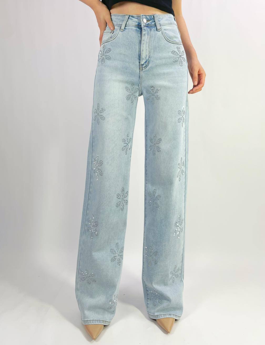 Grossista Lusa Mode - Jeans premium a gamba dritta con strass floreali, taglie 36-46