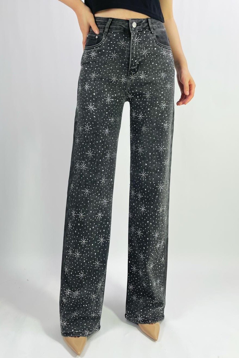 Grossiste Lusa Mode - Jean premium coupe droite stretch avec strass fleurie T36-T46
