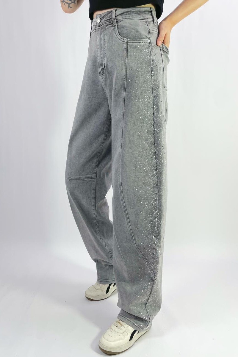 Grossiste Lusa Mode - Jean barrel large stretch délavé à strass latéraux T36-T46