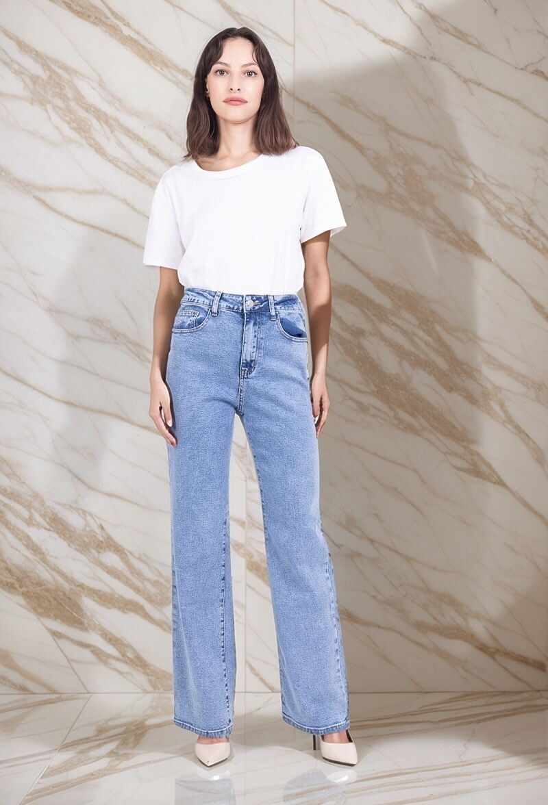 Grossista Lusa Mode - Jeans elasticizzati a vita alta e gamba larga con 5 tasche, taglie 34-42