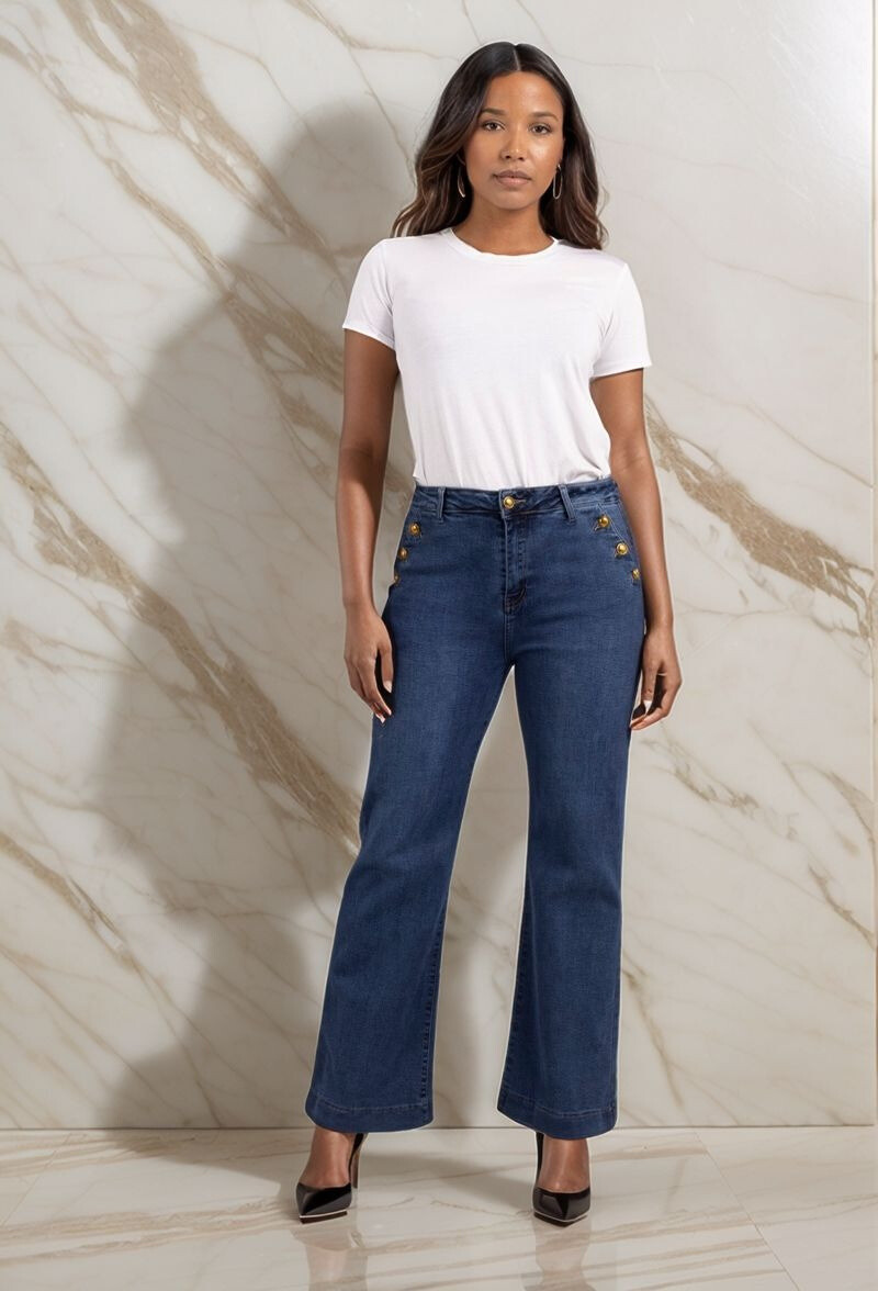 Wholesaler Lusa Mode - Straight stretch jeans with front pockets closed with buttons