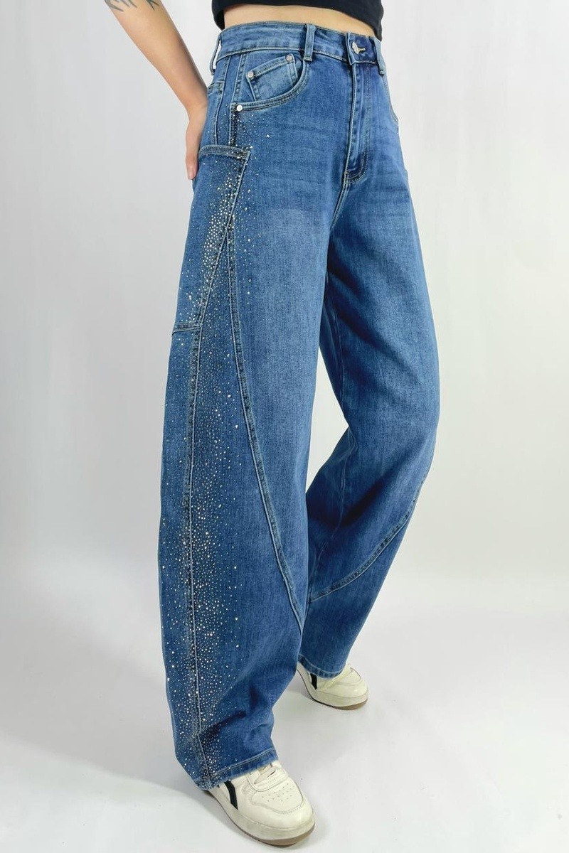 Mayorista Lusa Mode - Jeans grandes de barril descolorido con stretch y piedras de estrás laterales, tallas 36-46