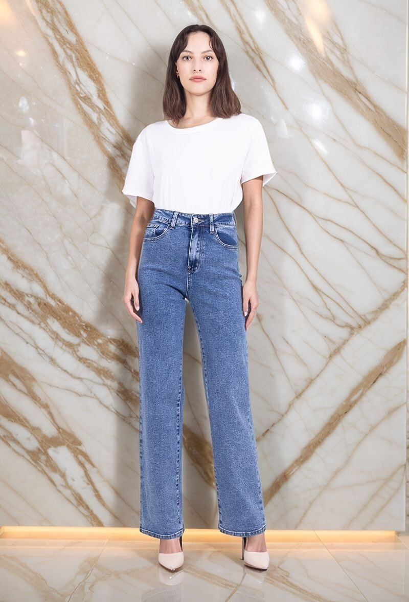 Mayorista Lusa Mode - Pantalones vaqueros de talle alto y pierna ancha elásticos con 5 bolsillos