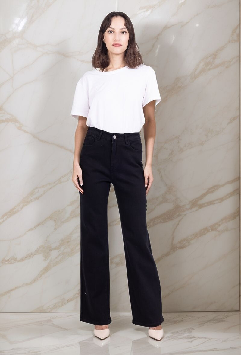 Mayorista Lusa Mode - Pantalones vaqueros de talle alto y pierna ancha elásticos con 5 bolsillos