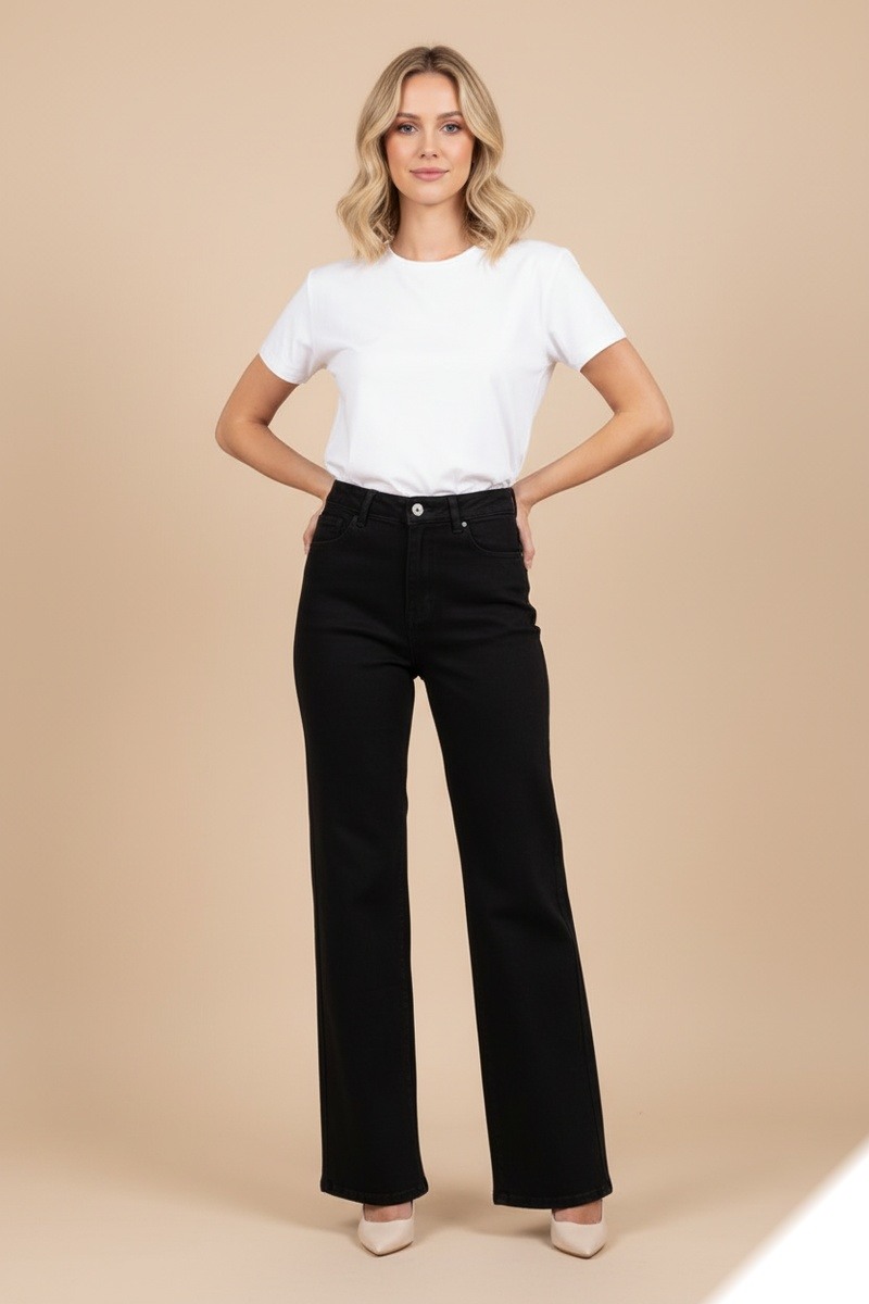 Großhändler Lusa Mode - Hochgeschnittene, weit geschnittene Stretch-Jeans mit 5 Taschen, Größen 34-42