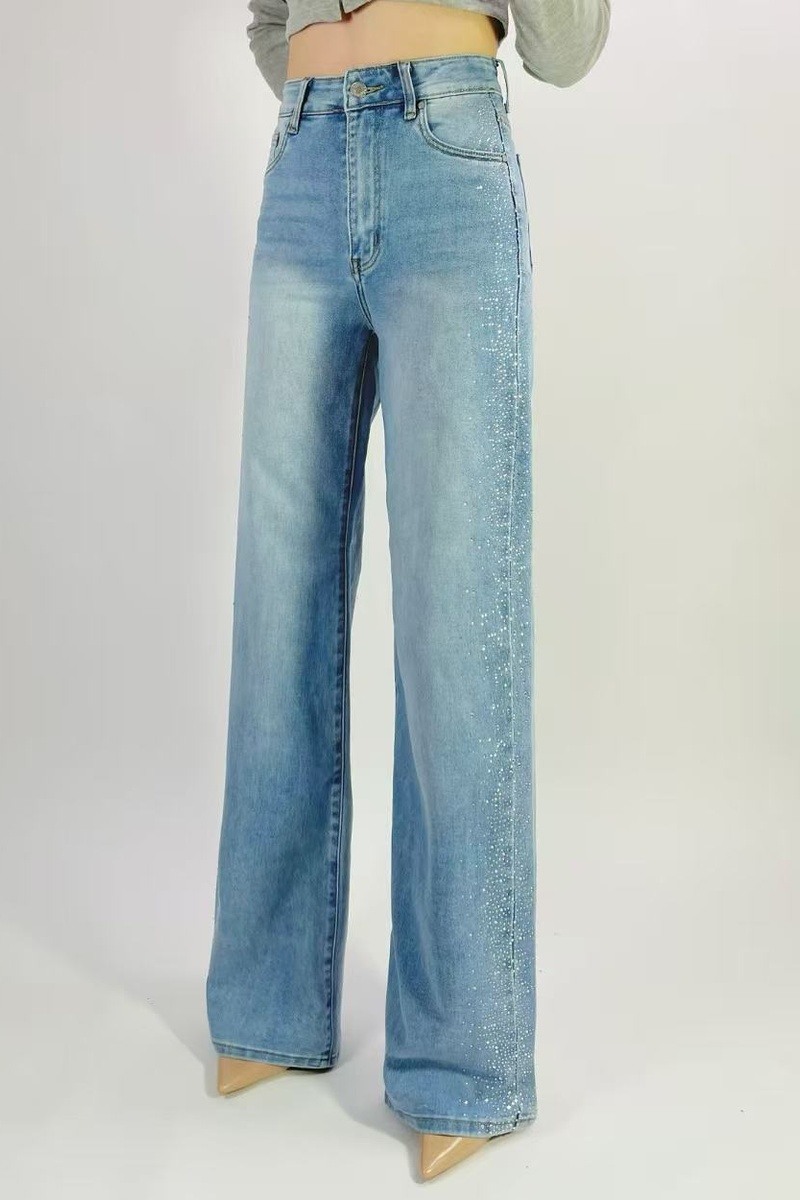 Grossista Lusa Mode - Jeans premium a gamba dritta elasticizzati con strass sui lati, taglie 36-46