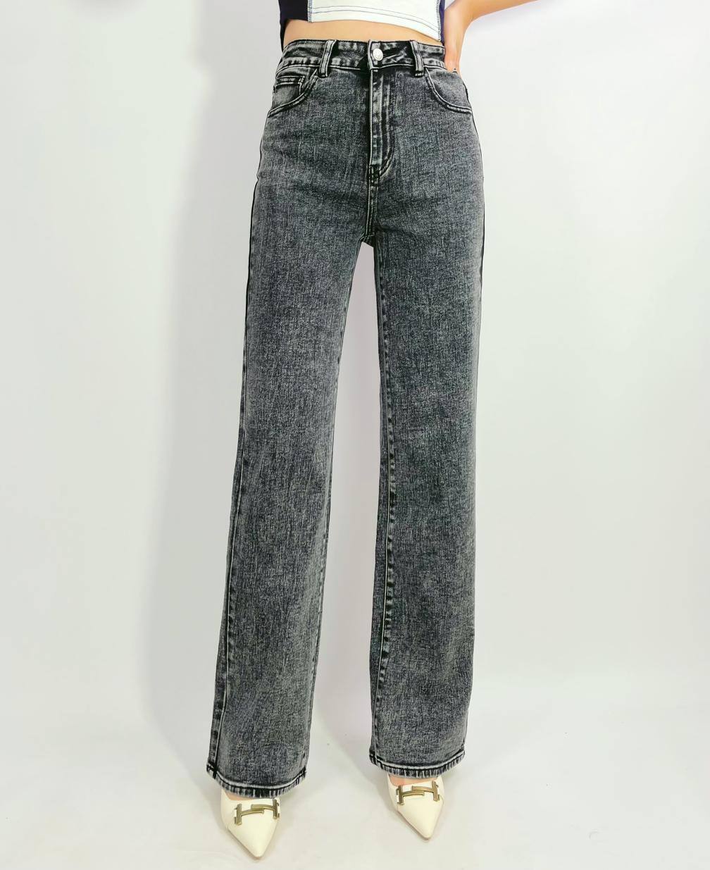 Grossiste Lusa Mode - Jean taille haute wide leg stretch 5 poches, T36-T44