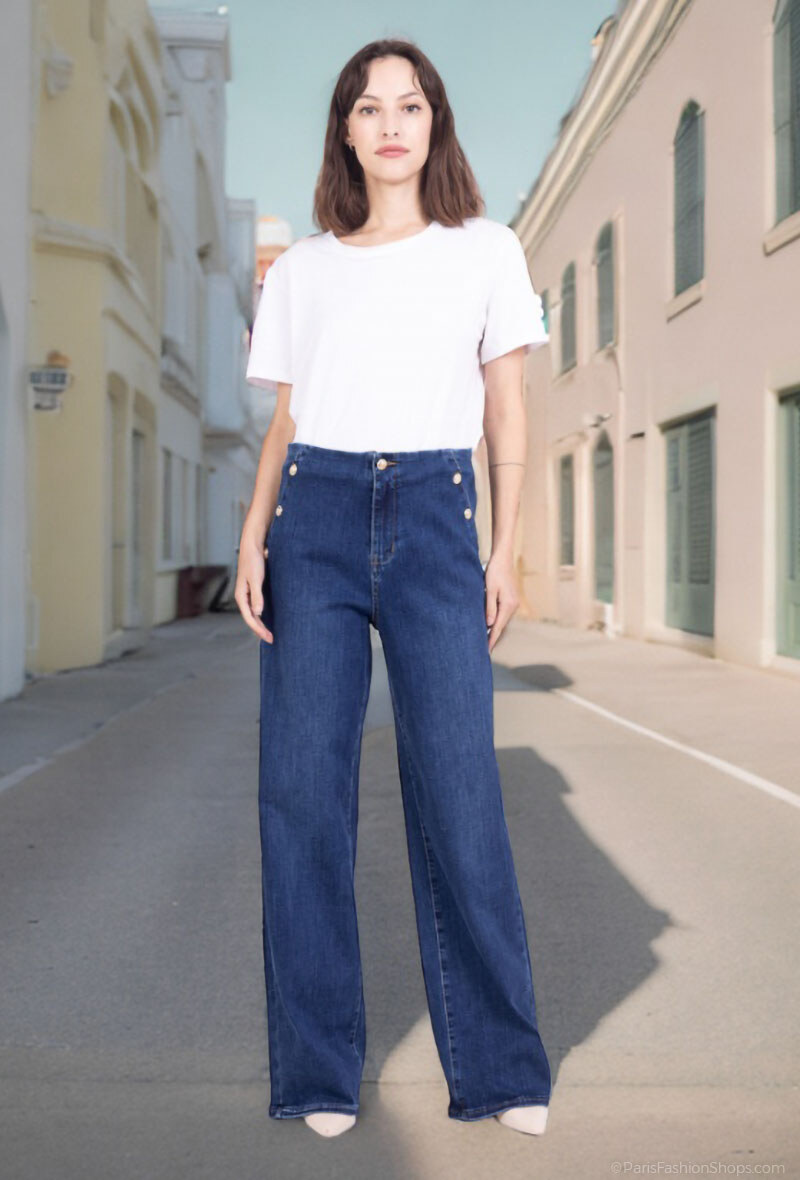 Großhändler Lusa Mode - Weit geschnittene Jeans mit goldenen Knöpfen und 2 Gesäßtaschen, Größen 34-42