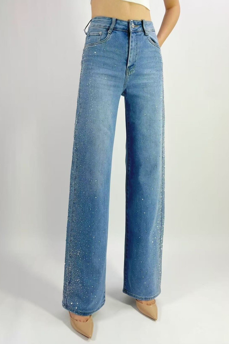 Großhändler Lusa Mode - Premium-Stretch-Jeans mit geradem Bein und zusätzlichen Strasssteinen an den Seiten, Größen 36-46