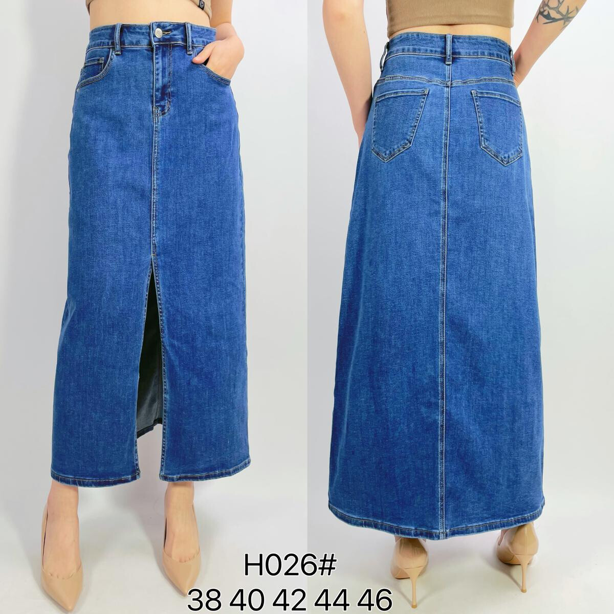 Grossiste Lusa Mode - Jupe en jeans stretch 88cm avec fente avant de 45cm, T38-T46
