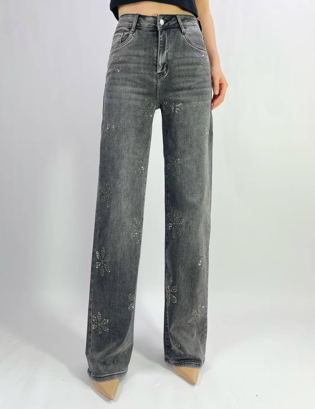 Grossiste Lusa Mode - Jean premium coupe droite stretch avec strass fleuri T36-T46