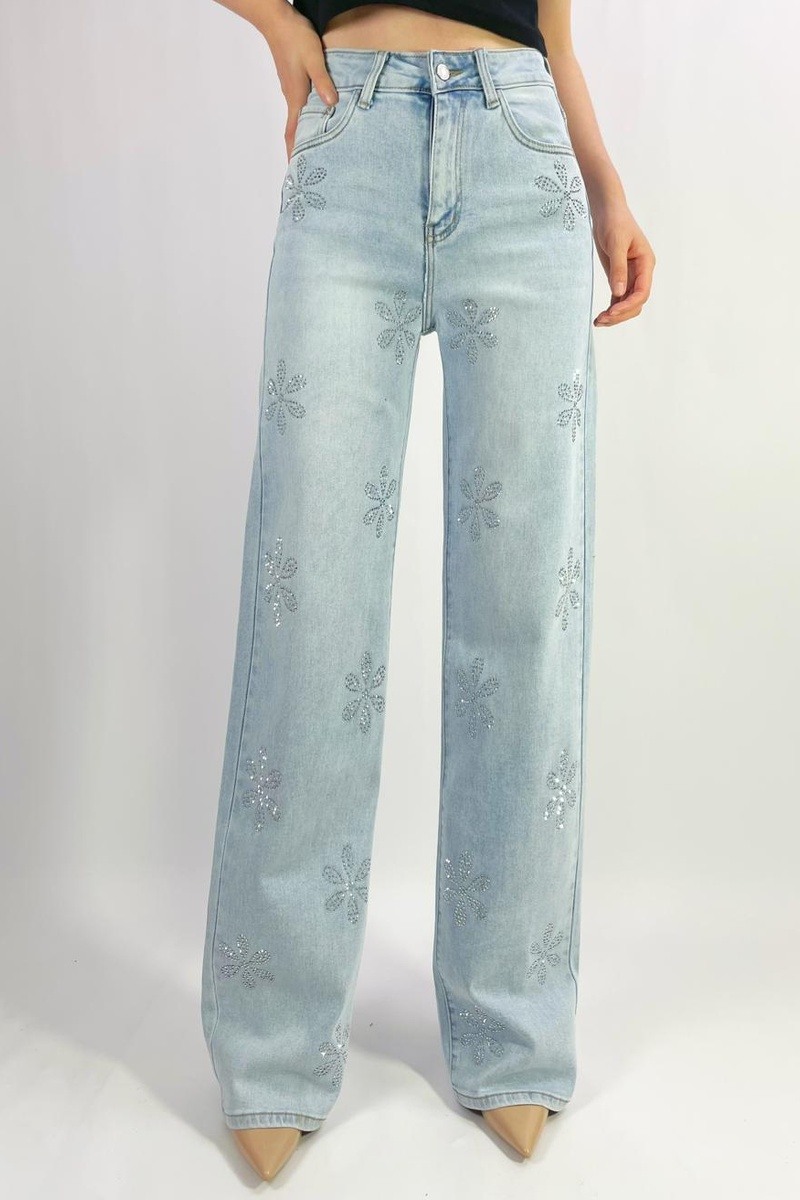 Großhändler Lusa Mode - Premium-Stretch-Jeans mit geradem Bein und floralen Strasssteinen, Größen 36-46