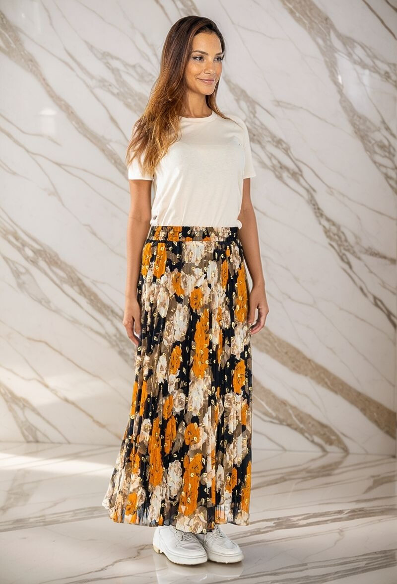 Mayorista Lusa Mode - Falda evasé plisada de flores con lunares dorados