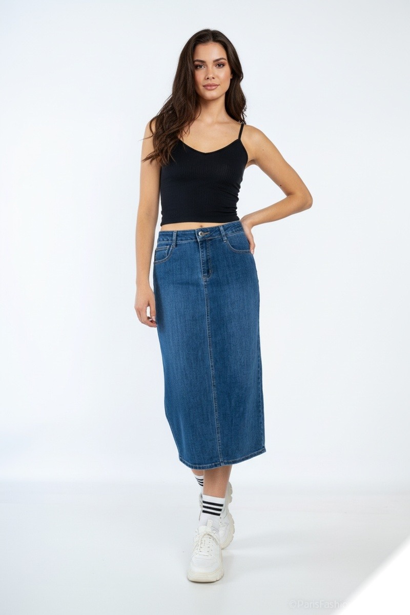 Grossista Lusa Mode - Gonna in jeans elasticizzato 83cm con spacco posteriore