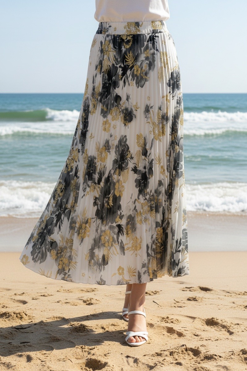 Mayorista Lusa Mode - Falda larga estampada floral con efecto dorado plisado y vuelo con forro