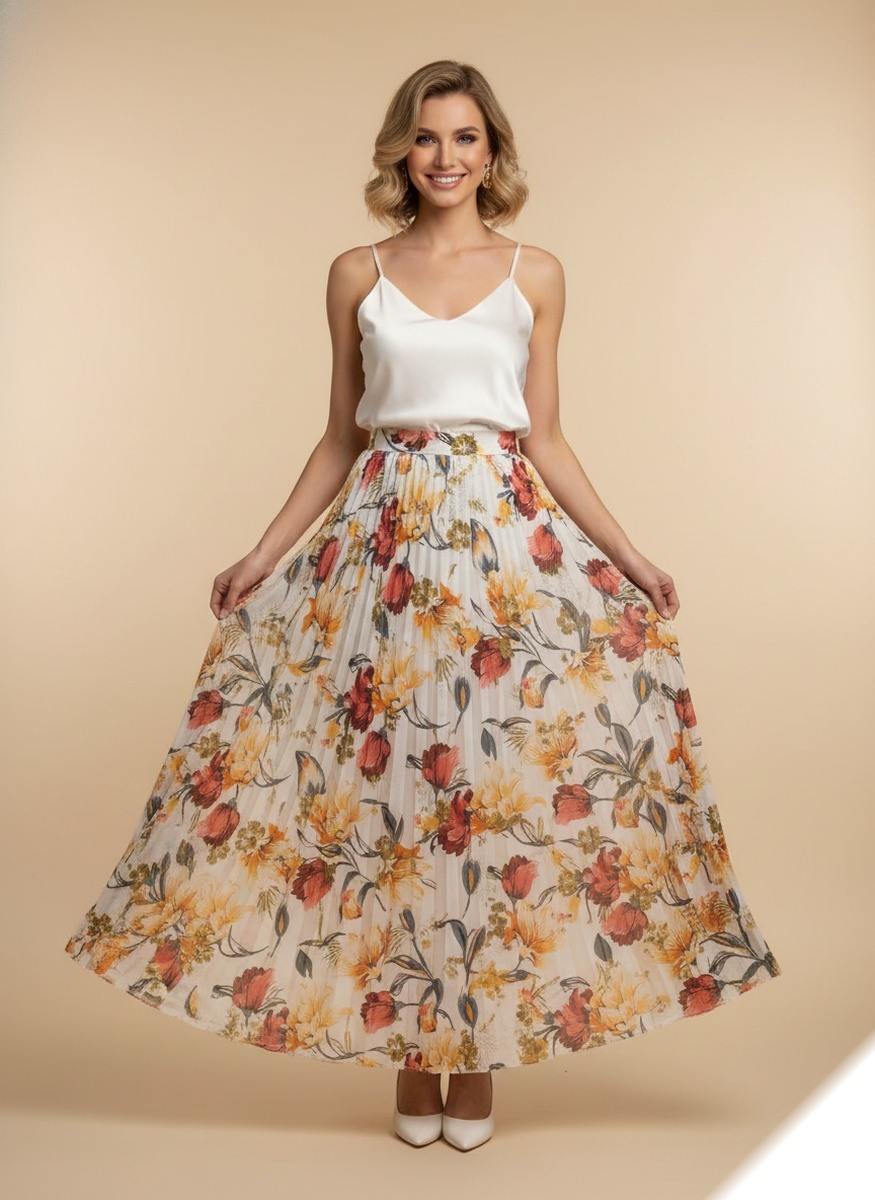 Großhändler Lusa Mode - Langer, ausgestellter Faltenrock mit Blumenmuster, goldenen Akzenten und Futter